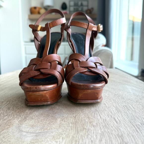 YSL SAINT LAURENT Tribute Platform Sandal Heel Cognac Leather 37.5 Italy Strappy - Picture 10 of 14